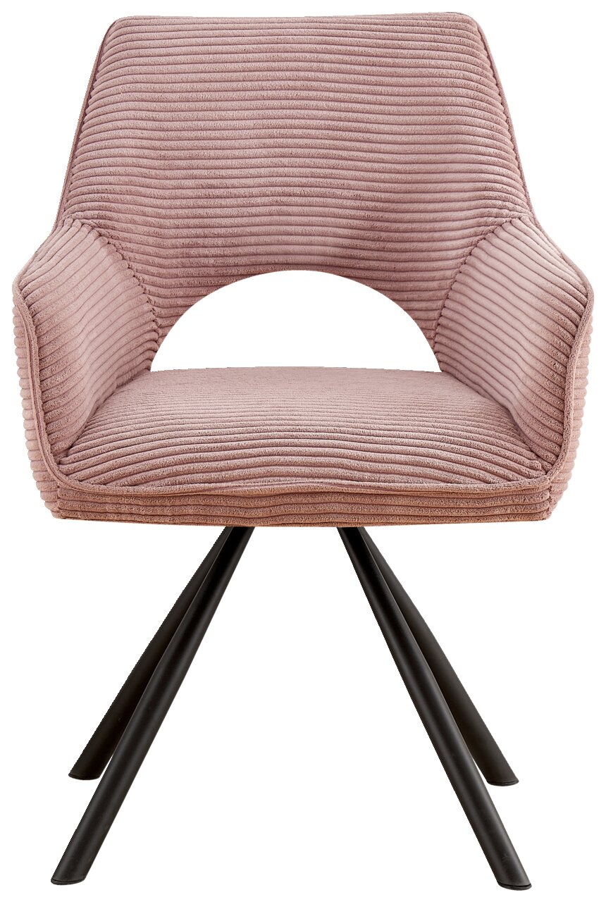 Vorderansicht eines modernen Armlehnstuhls mit rosa, geripptem Stoffbezug und schwarzen Metallbeinen.