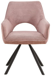 Vorderansicht eines modernen Armlehnstuhls mit rosa, geripptem Stoffbezug und schwarzen Metallbeinen.