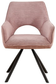 Vooraanzicht van een moderne fauteuil met een roze, geribbelde stoffen bekleding en zwarte metalen poten.