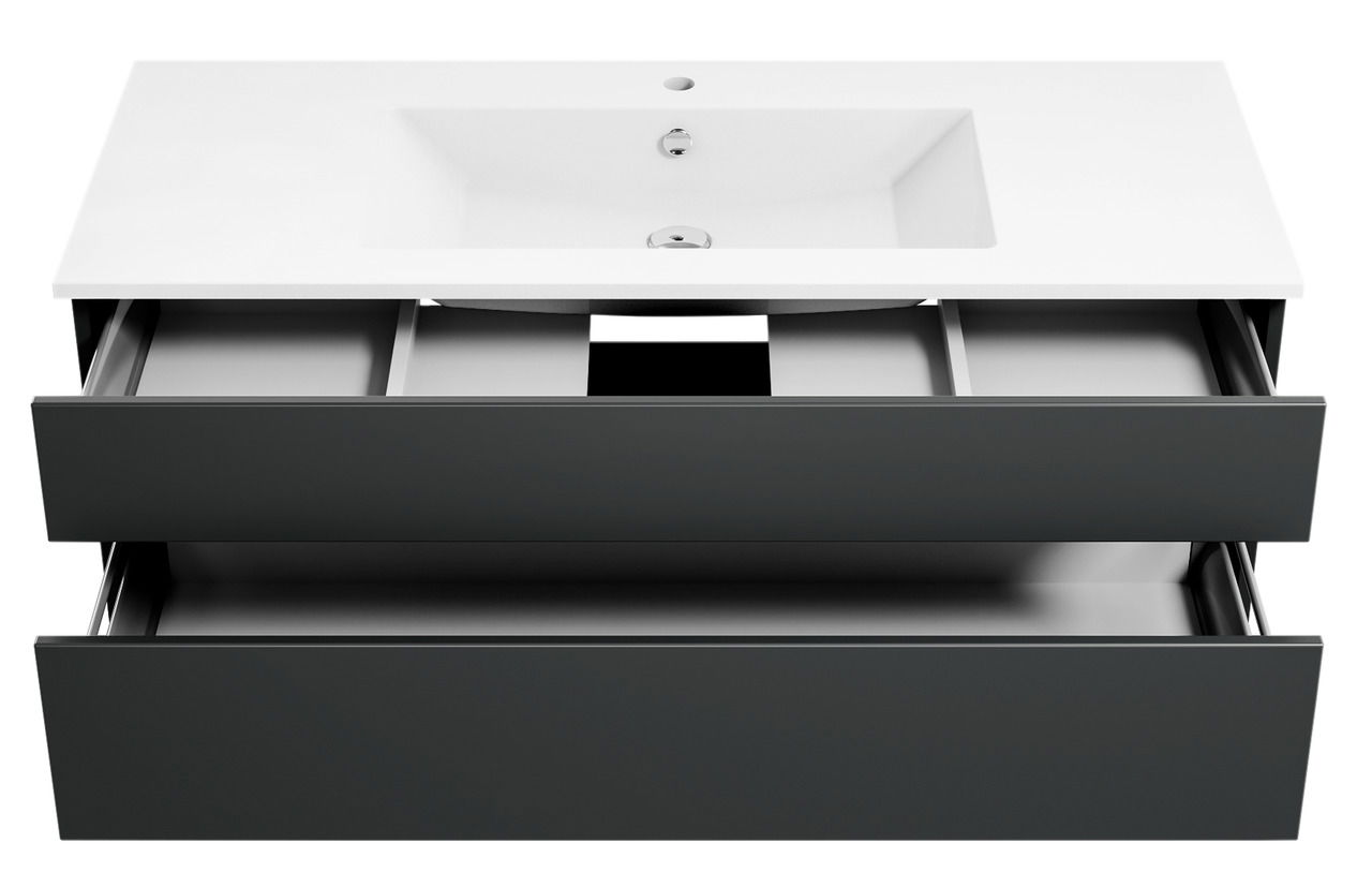 Moderne Badkombination mit zwei offenen Schubladen und integriertem Waschbecken, Ansicht von vorne