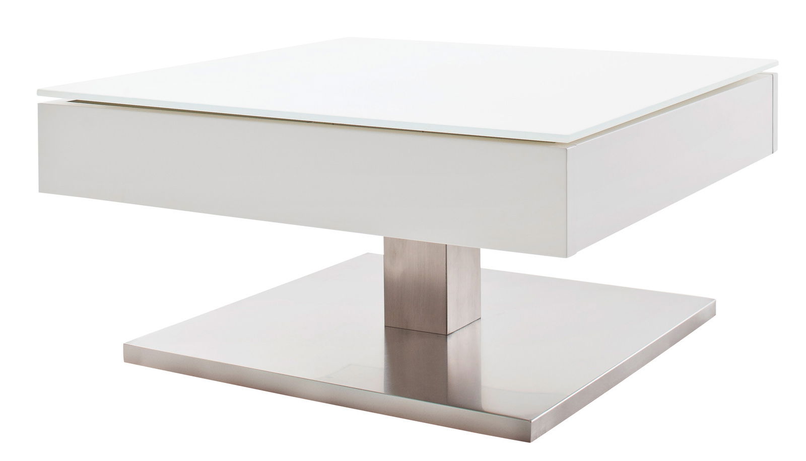 Moderner weißer Couchtisch mit quadratischer Glasplatte und Metallfuß, seitliche Perspektive