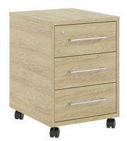 Rollcontainer aus Holz mit drei Schubladen und Rollen, seitliche Perspektive