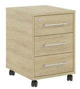 Rollcontainer aus Holz mit drei Schubladen und Rollen, seitliche Perspektive