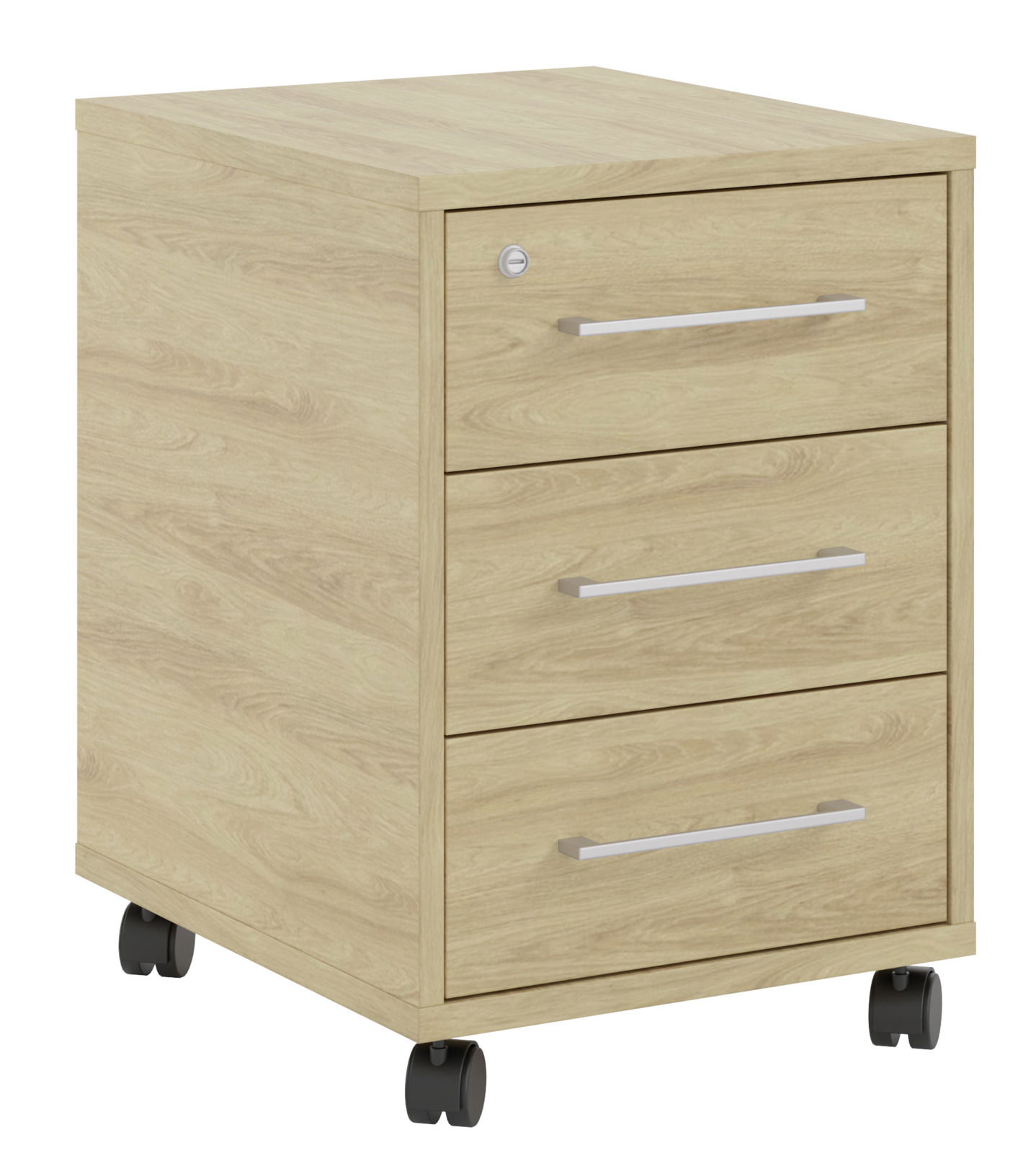 Rollcontainer aus Holz mit drei Schubladen und Rollen, seitliche Perspektive