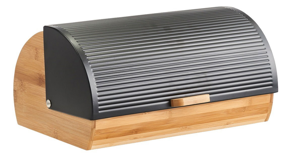 Brotkasten aus Holz und Metall mit gerippter Oberfläche, seitliche Perspektive