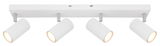 Moderner weißer Deckenstrahler mit vier verstellbaren Leuchten, seitliche Perspektive