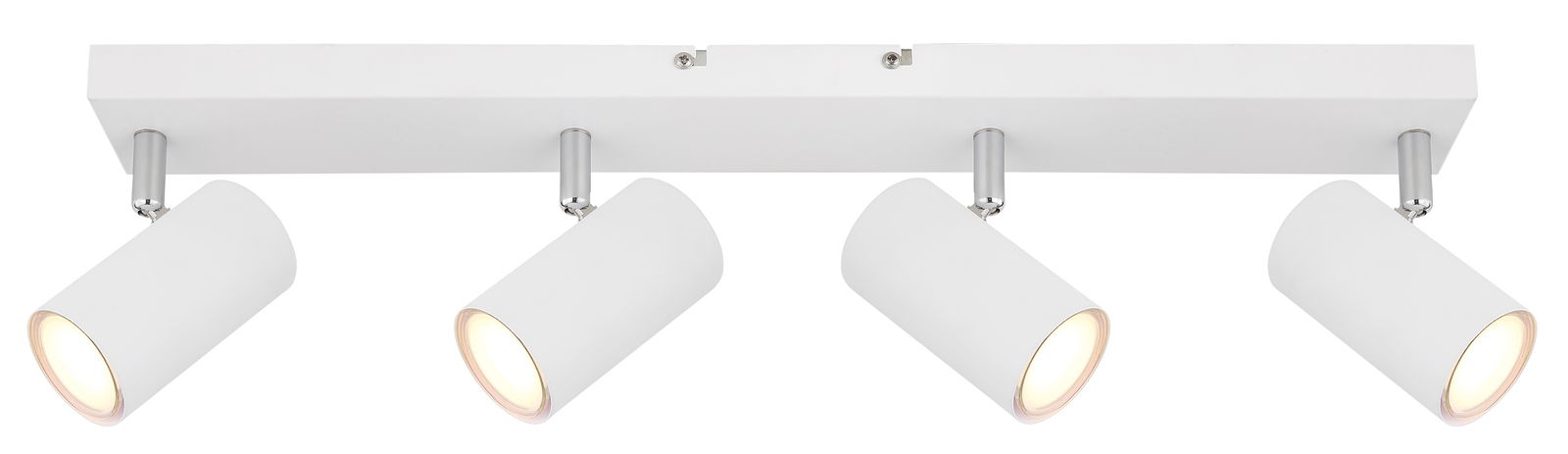 Moderner weißer Deckenstrahler mit vier verstellbaren Leuchten, seitliche Perspektive