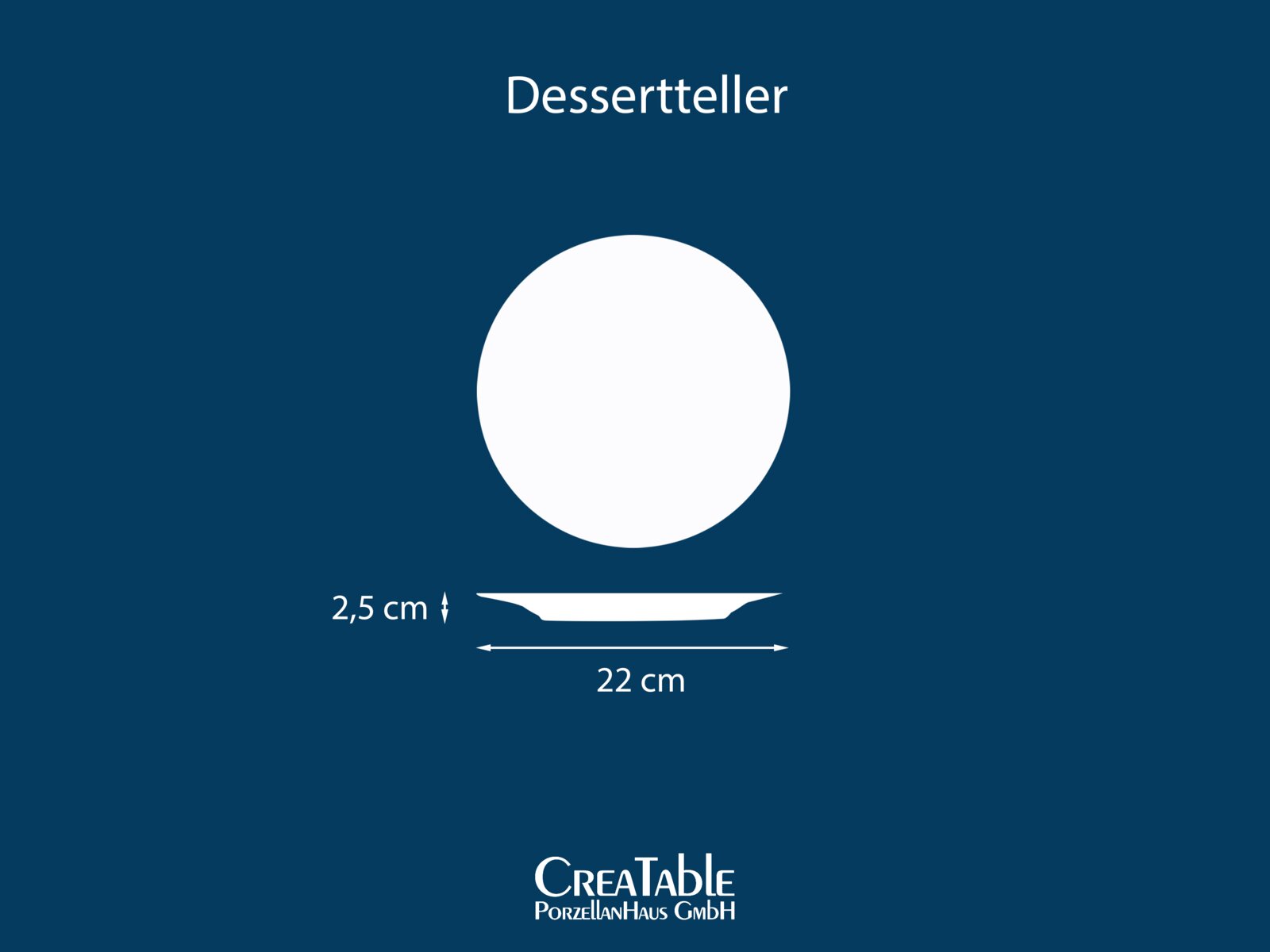 Weißer Dessertteller mit 22 cm Durchmesser und ca. 2,5 cm Höhe, dargestellt in Draufsicht mit zusätzlicher Seitenansicht auf blauem Hintergrund.