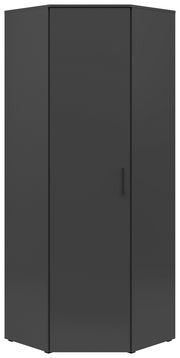 Schwarzer Eckschrank mit einer Tür und einem Griff, frontal betrachtet.