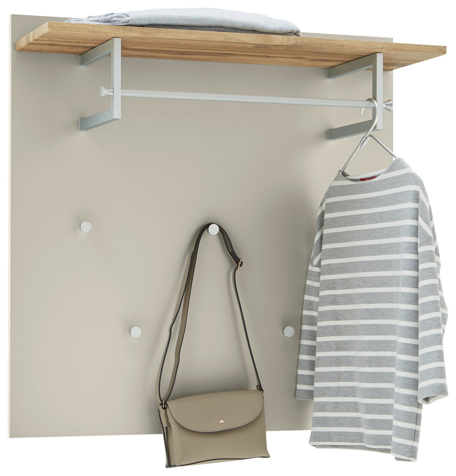 Dieter Knoll Garderobenpaneel breit CORTINA Garderobenpaneel mit Holzablage, Kleiderstange und Haken, frontal betrachtet. Inklusive aufgehängtem Streifenpullover und Handtasche.