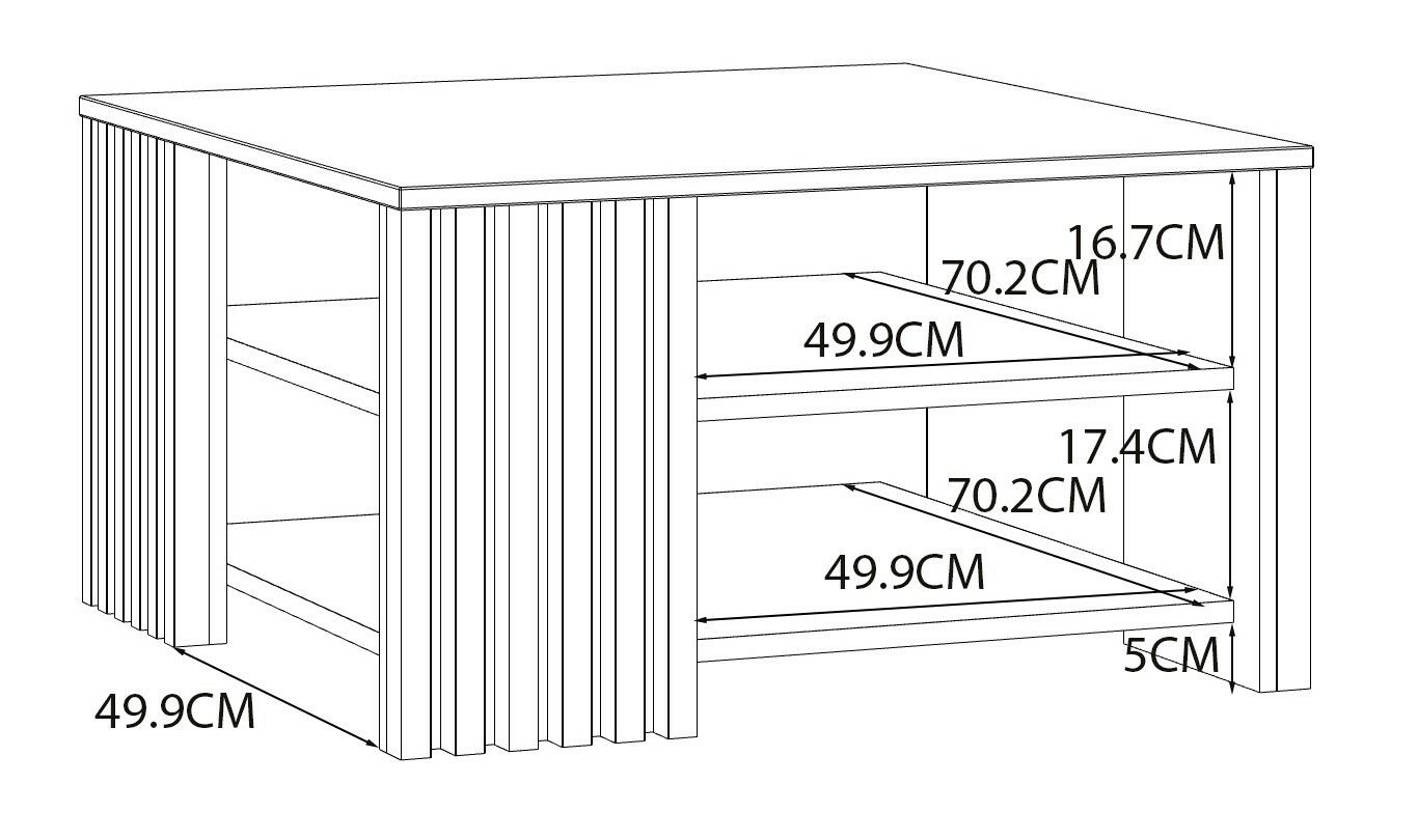 Skizze eines Couchtisches mit zwei Regalböden, rechteckige Form, Maße: 70,2 cm Breite, 49,9 cm Tiefe, 16,7 cm und 17,4 cm Regalhöhe, perspektivische Ansicht von vorne links.