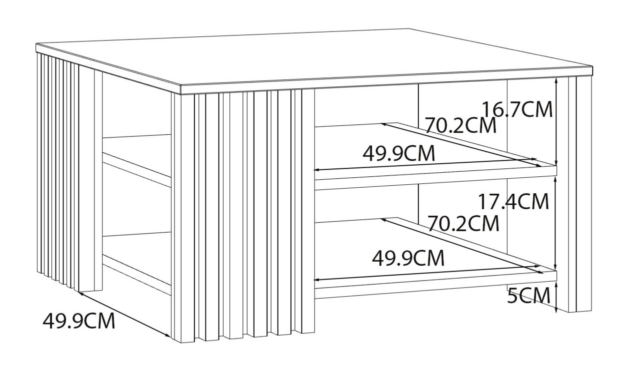 Skizze eines Couchtisches mit zwei Regalböden, rechteckige Form, Maße: 70,2 cm Breite, 49,9 cm Tiefe, 16,7 cm und 17,4 cm Regalhöhe, perspektivische Ansicht von vorne links.