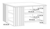 Skizze eines Couchtisches mit zwei Regalböden, rechteckige Form, Maße: 70,2 cm Breite, 49,9 cm Tiefe, 16,7 cm und 17,4 cm Regalhöhe, perspektivische Ansicht von vorne links.
