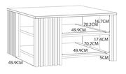Skizze eines Couchtisches mit zwei Regalböden, rechteckige Form, Maße: 70,2 cm Breite, 49,9 cm Tiefe, 16,7 cm und 17,4 cm Regalhöhe, perspektivische Ansicht von vorne links.