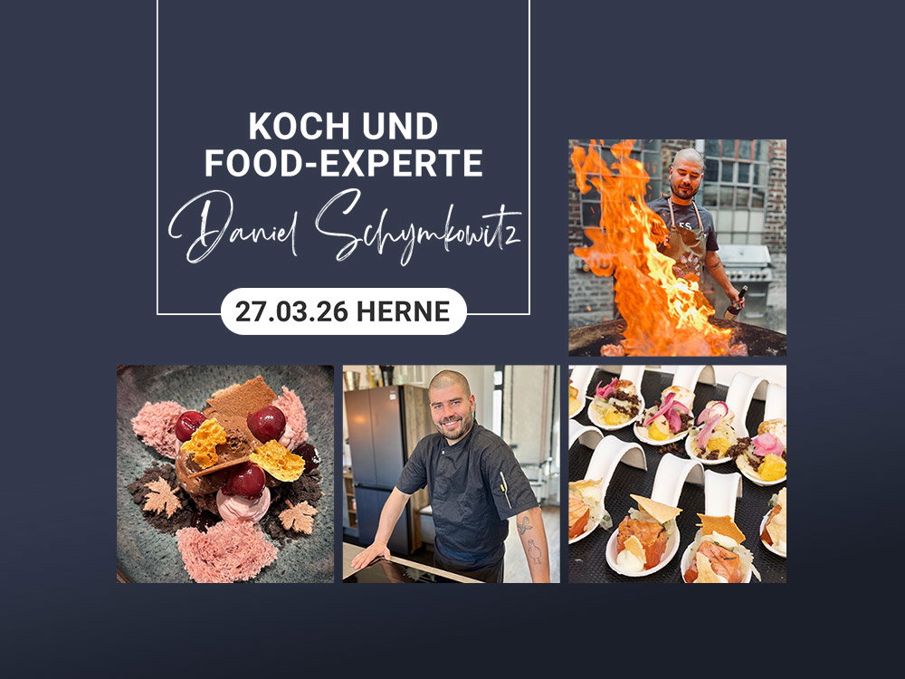 Koch- und Food-Experte Daniel Schymkowitz, 27.03.26 in Herne, mit Fotos von Kochen am Feuer und Speisen