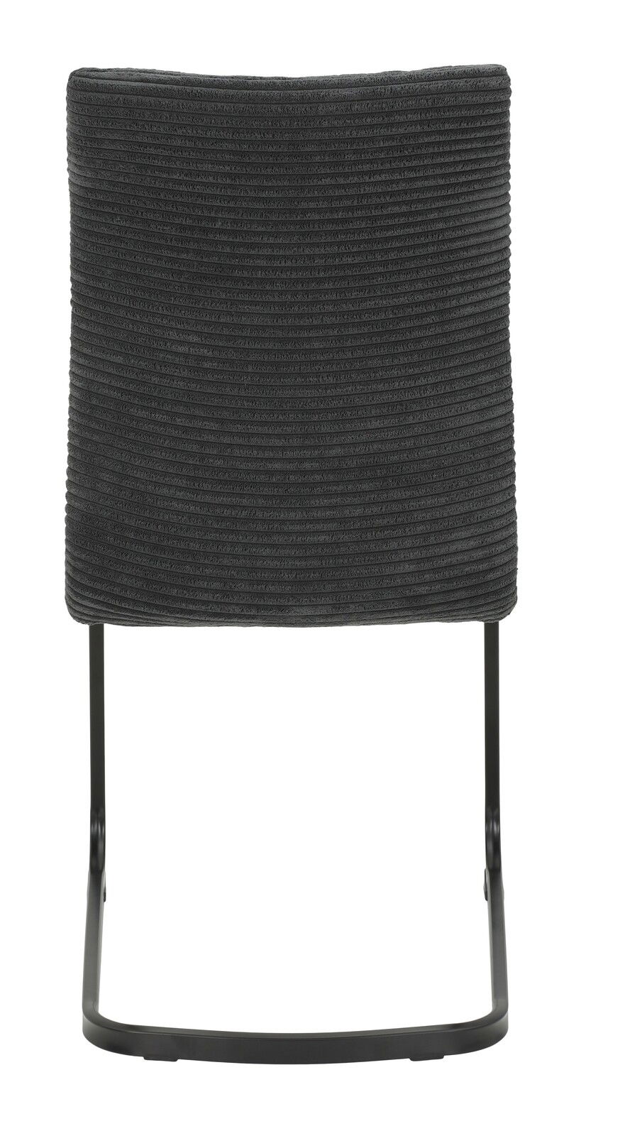 Rückansicht eines Schwingstuhls FABIA mit schwarzem, geripptem Stoffbezug und schwarzem Metallgestell.