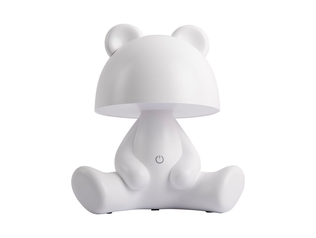 LED Tischlampe in Bärenform, frontal abgebildet, mit einem runden Kopf und einem Power-Knopf auf dem Körper.