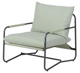 Moderner Lounge-Sessel mit hellgrünen Kissen und schwarzem Metallrahmen, seitliche Perspektive