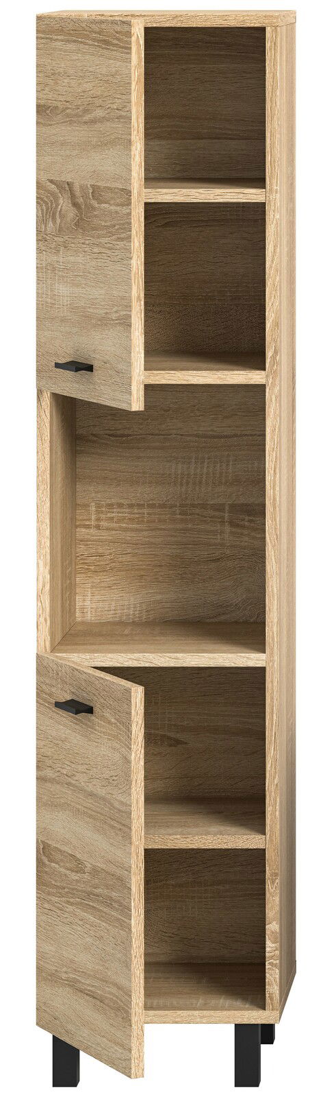 Moderner Badschrank aus Holz mit zwei offenen Türen, frontal betrachtet.