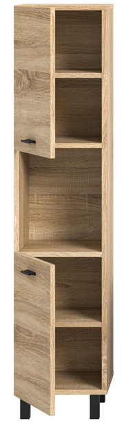 Moderner Badschrank aus Holz mit zwei offenen Türen, frontal betrachtet.