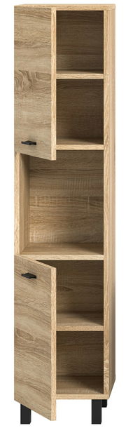 Moderner Badschrank aus Holz mit zwei offenen Türen, frontal betrachtet.