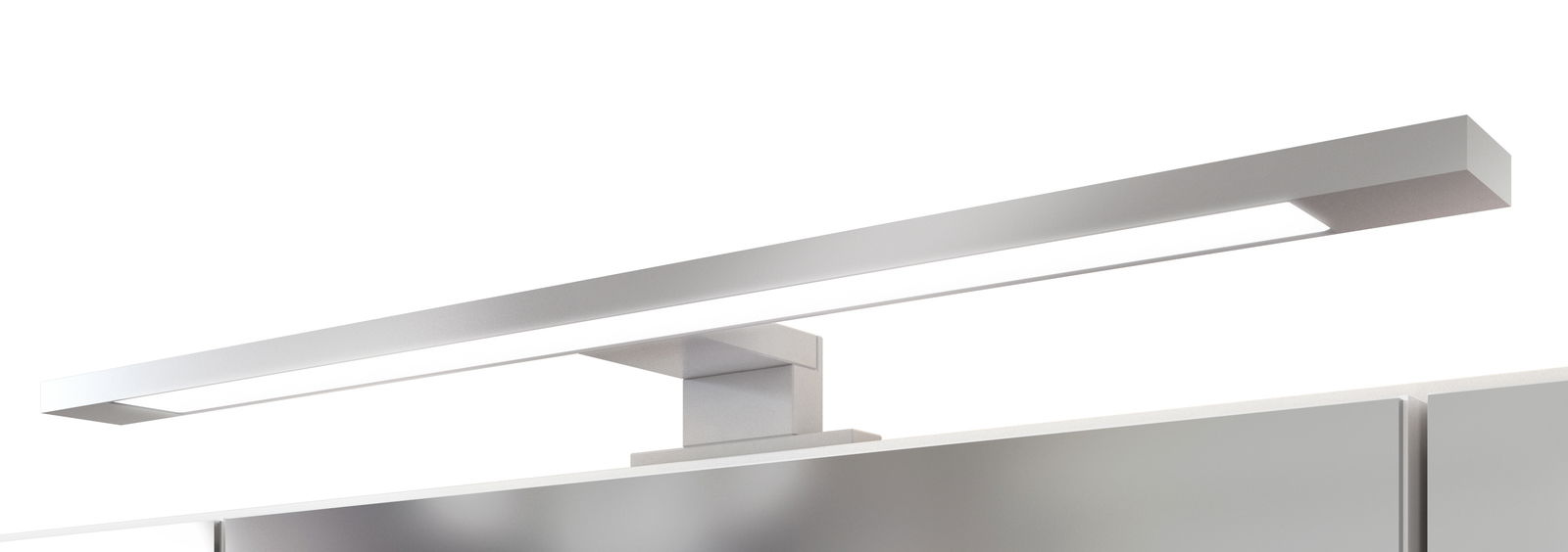 Moderne LED-Leuchte auf einem Spiegelschrank, seitliche Perspektive