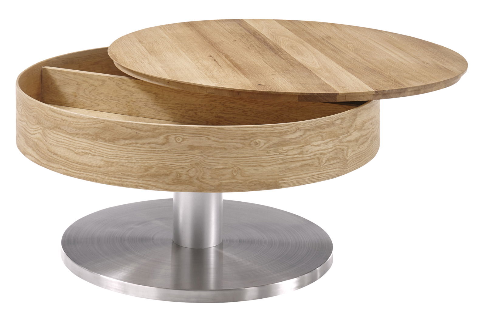 Runder Couchtisch aus Holz mit drehbarer Tischplatte und Stauraum, auf einer Metallbasis, seitliche Perspektive