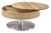 Ronde houten salontafel met draaibaar tafelblad en opbergruimte, op een metalen onderstel, zijaanzicht