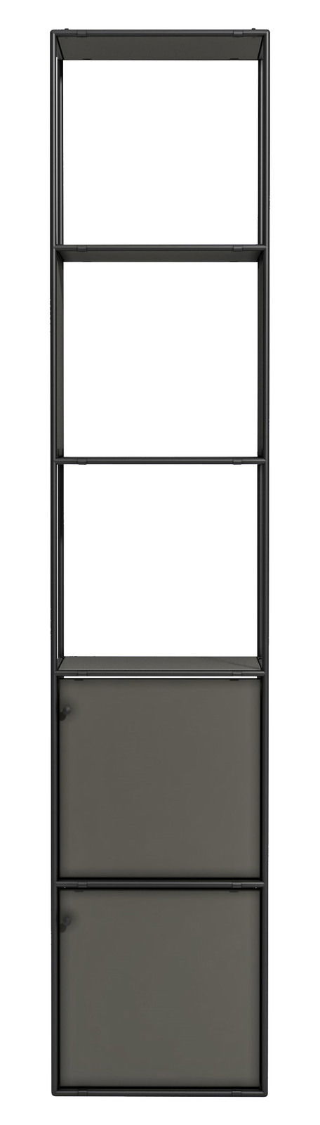 Frontale Ansicht eines schwarzen Aktenregals mit mehreren offenen Fächern und zwei geschlossenen Schranktüren unten.