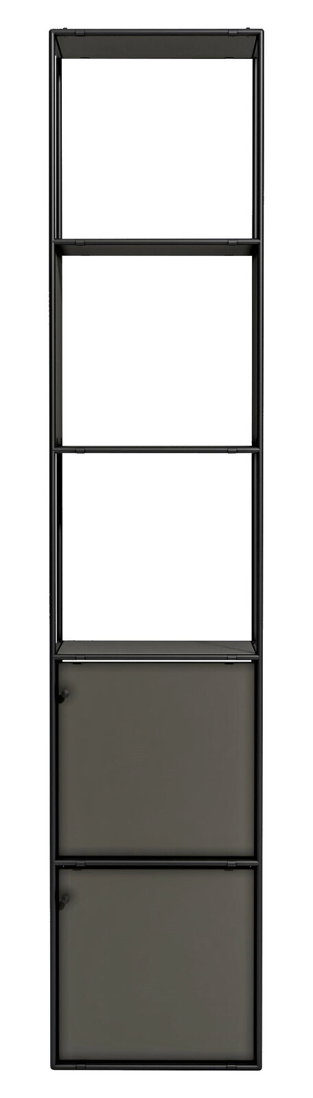 Frontale Ansicht eines schwarzen Aktenregals mit mehreren offenen Fächern und zwei geschlossenen Schranktüren unten.