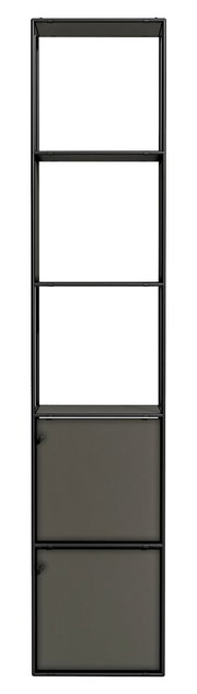 Frontale Ansicht eines schwarzen Aktenregals mit mehreren offenen Fächern und zwei geschlossenen Schranktüren unten.