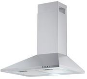 Silberne Dunstabzugshaube in Frontalansicht mit modernem Design und Bedienelementen an der Vorderseite.