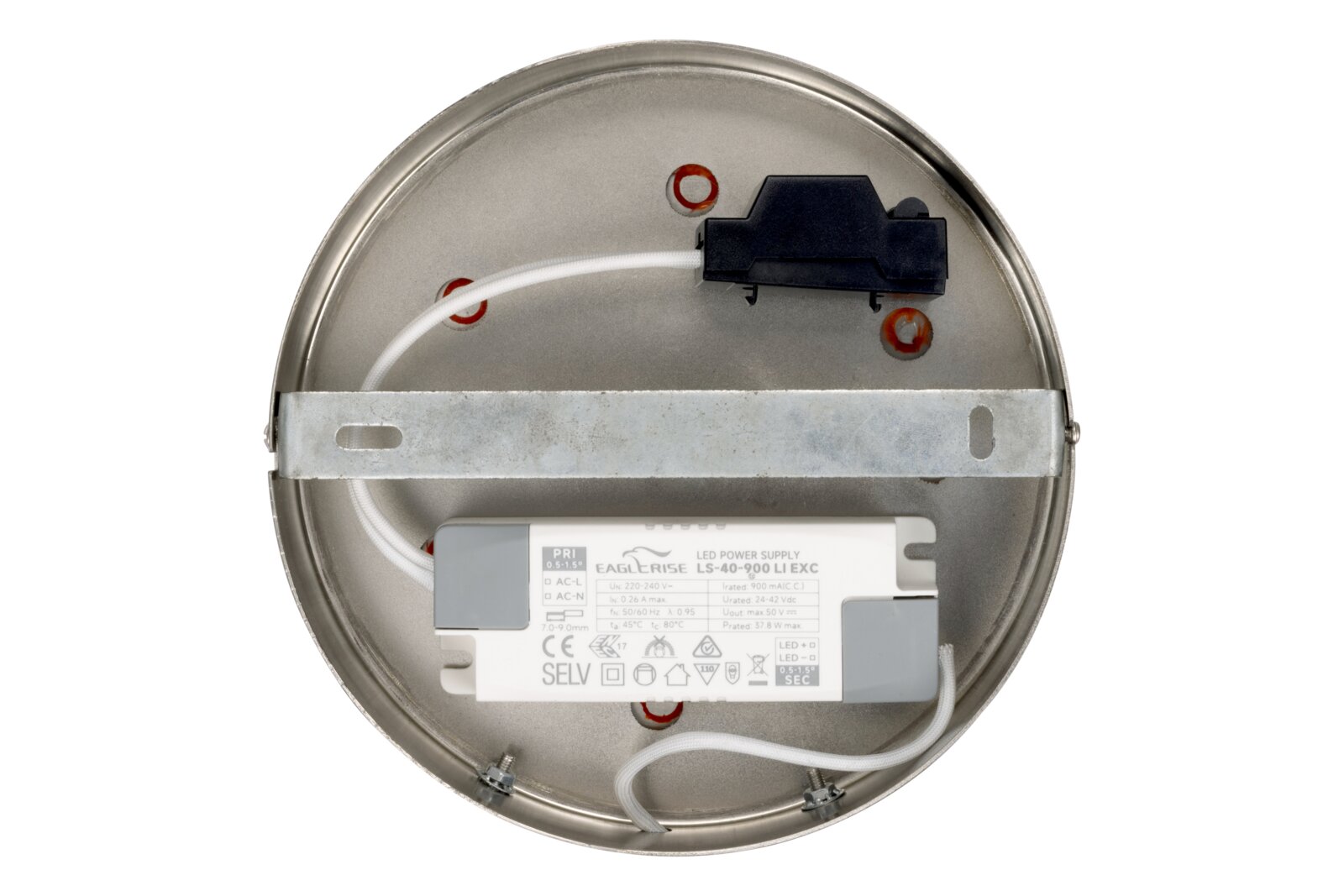 Rückansicht einer runden LED-Deckenleuchte mit sichtbarem Netzteil und Verkabelung.