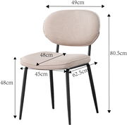 Moderner Stuhl mit gepolsterter Sitzfläche und Rückenlehne, seitliche Perspektive, schwarze Metallbeine, Maße: 80,5 cm hoch, 49 cm breit, 62,5 cm tief.