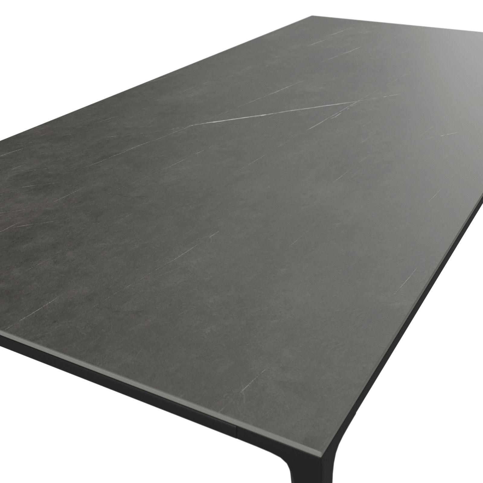 Moderner Gartentisch mit dunkler, glatter Oberfläche, seitliche Perspektive