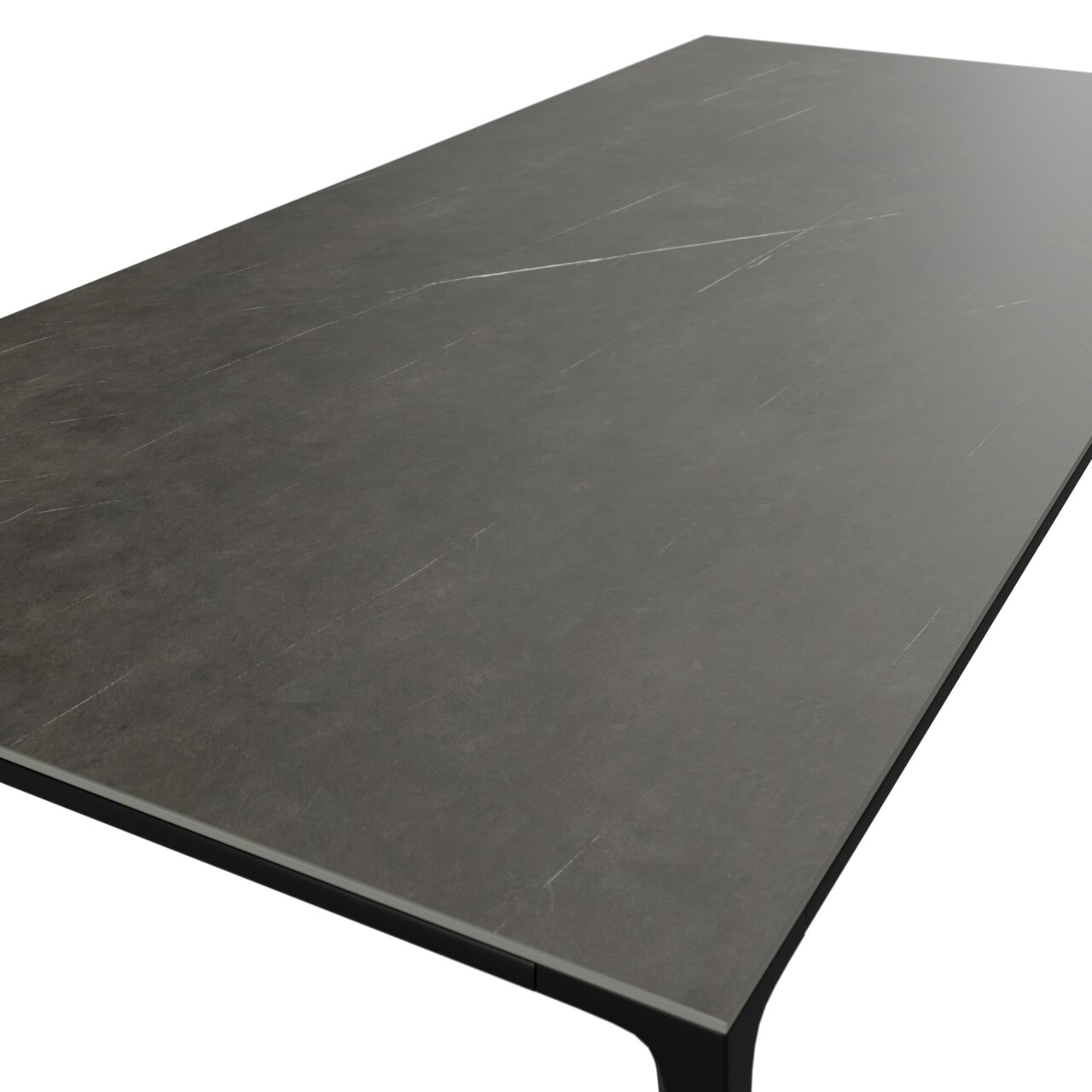 Moderner Gartentisch mit dunkler, glatter Oberfläche, seitliche Perspektive