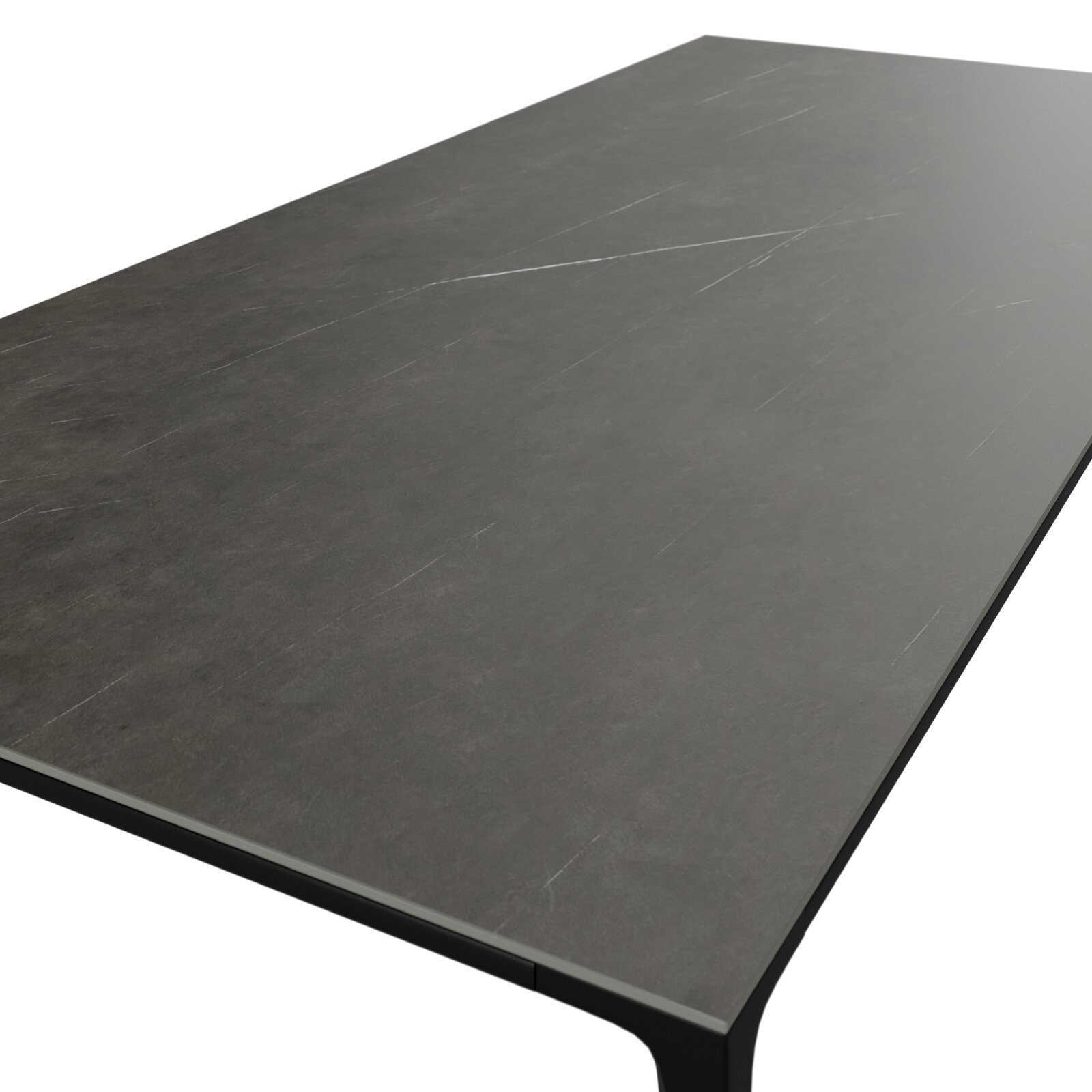 Moderne tuintafel met een donker, glad oppervlak, zijaanzicht