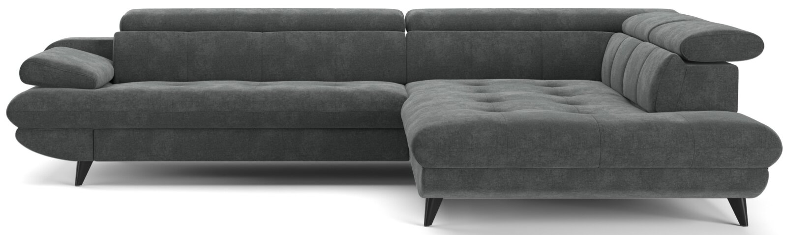 Dunkelgraues Stoff-Ecksofa mit rechter Ottomane/Longchair, verstellbaren Kopfstützen und schwarzen Füßen, gezeigt in Frontansicht mit leicht seitlicher Perspektive von vorn rechts.