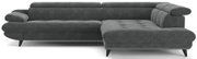 Dunkelgraues Stoff-Ecksofa mit rechter Ottomane/Longchair, verstellbaren Kopfstützen und schwarzen Füßen, gezeigt in Frontansicht mit leicht seitlicher Perspektive von vorn rechts.