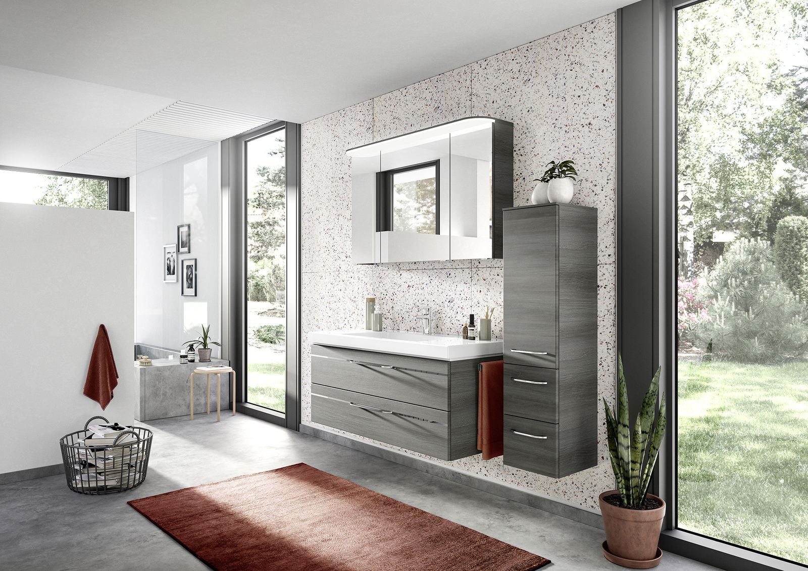 Moderne Badezimmermöbel in Holzoptik mit Waschbecken und Spiegelschrank, seitliche Perspektive