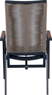 Gartenstuhl mit dunkelgrauem Metallgestell, Armlehnen mit Holzauflagen und taupefarbenem Seilgeflecht an Rückenlehne und Sitz, Frontalansicht