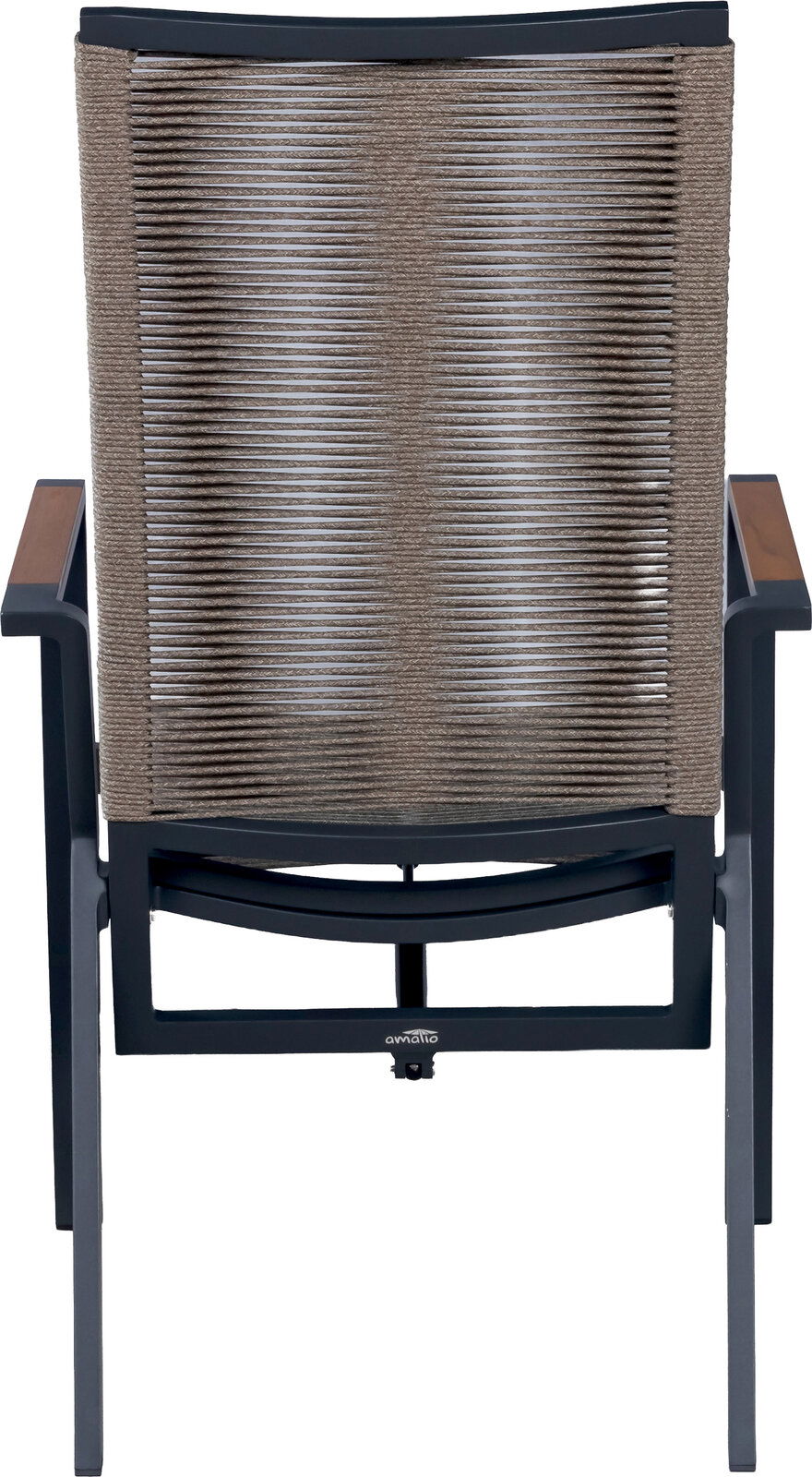 Gartenstuhl mit dunkelgrauem Metallgestell, Armlehnen mit Holzauflagen und taupefarbenem Seilgeflecht an Rückenlehne und Sitz, Frontalansicht