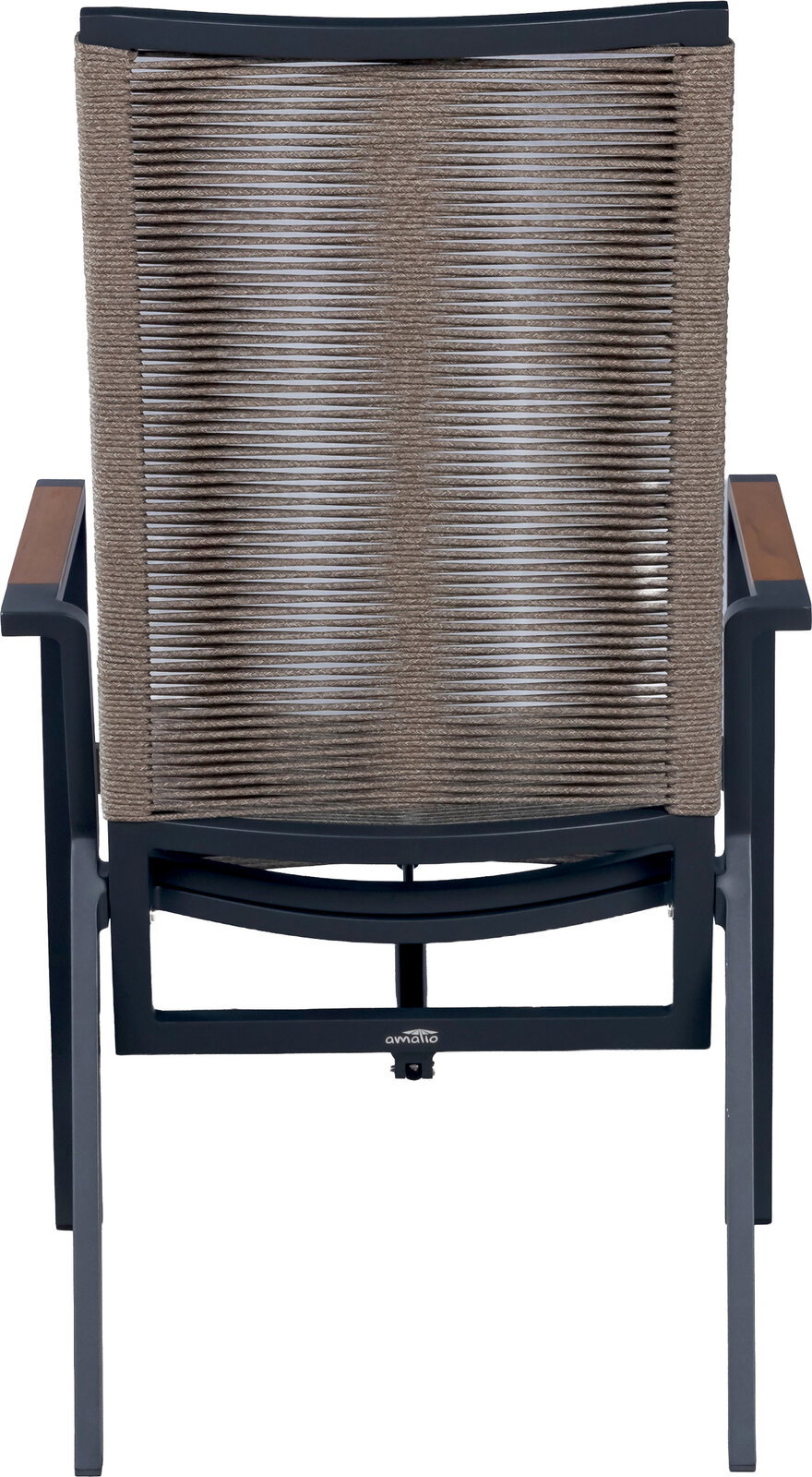 Gartenstuhl mit dunkelgrauem Metallgestell, Armlehnen mit Holzauflagen und taupefarbenem Seilgeflecht an Rückenlehne und Sitz, Frontalansicht
