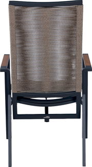 Gartenstuhl mit dunkelgrauem Metallgestell, Armlehnen mit Holzauflagen und taupefarbenem Seilgeflecht an Rückenlehne und Sitz, Frontalansicht