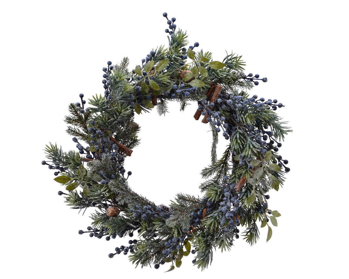 Zurbrüggen Weihnachtskranz Ø60cm Vogelperspektive auf einen dekorativen Kranz mit blauen Beeren und grünen Blättern, verziert mit Zimtstangen.