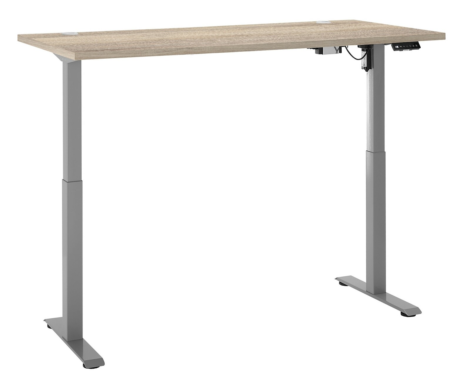 Elektrisch höhenverstellbarer Schreibtisch mit Holzplatte und grauen Metallbeinen, seitliche Perspektive