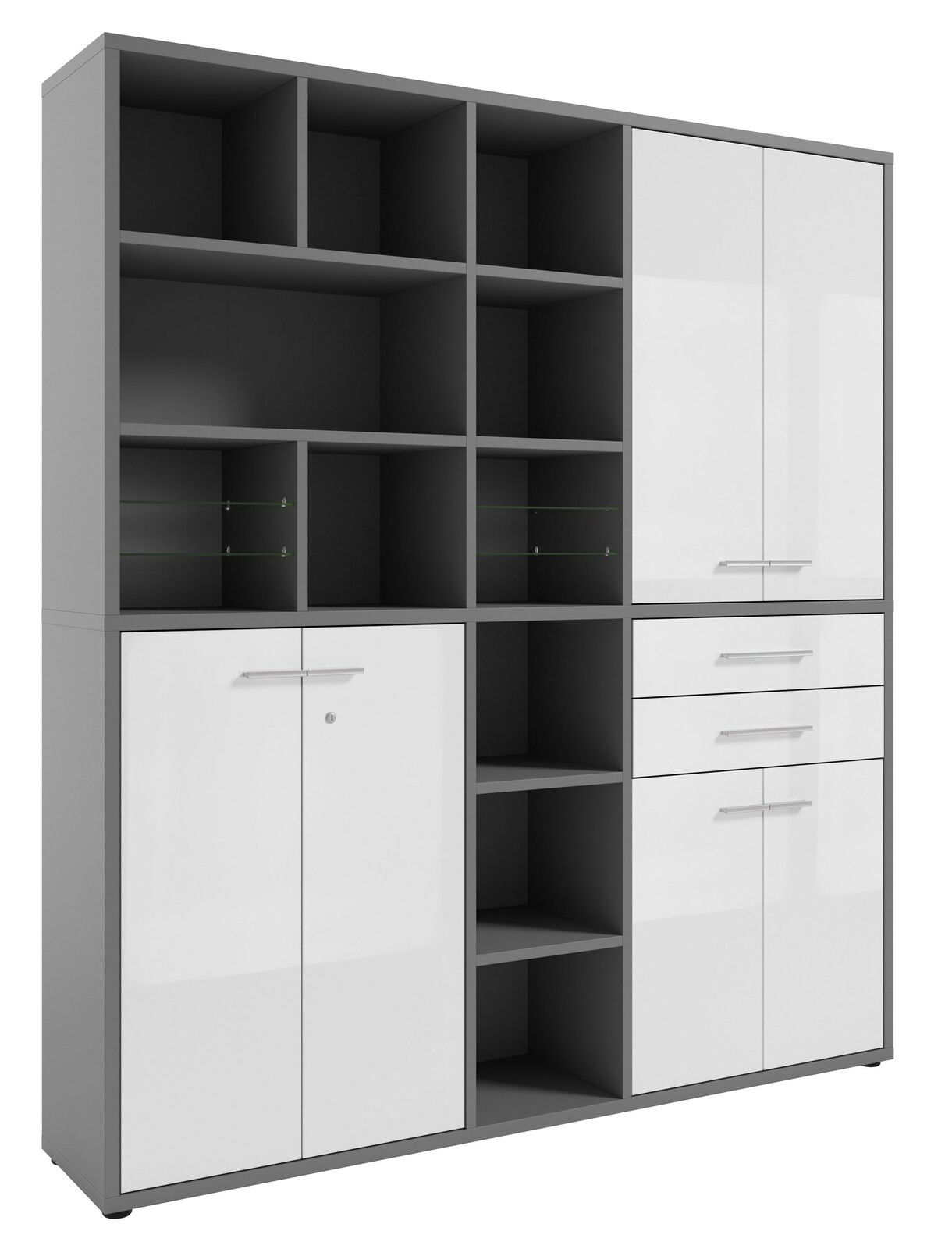 Moderner, hoher Aktenschrank mit offenen Fächern und weißen Türen, Frontalansicht