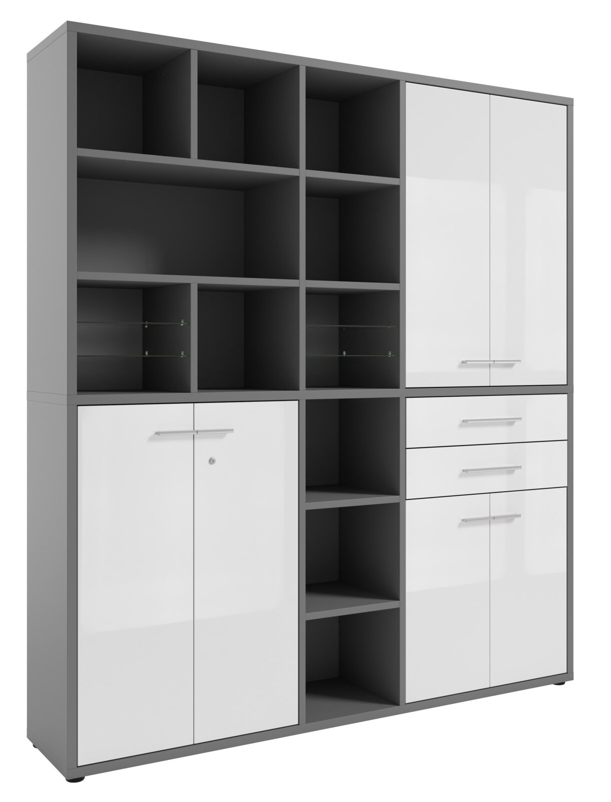 Manjana Home Office Kombination -Glas- TEXAS Moderner, hoher Aktenschrank mit offenen Fächern und weißen Türen, Frontalansicht