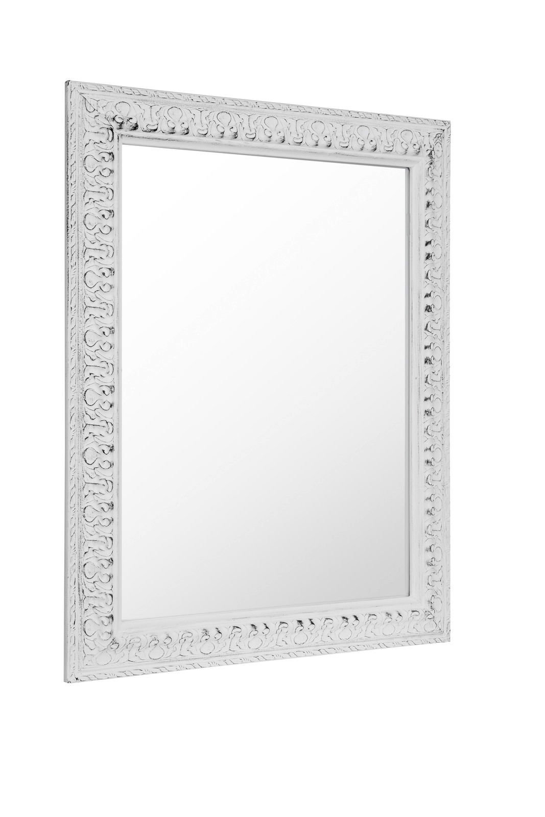Weißer Spiegel der Serie EMMA mit verziertem Rahmen, seitliche Perspektive