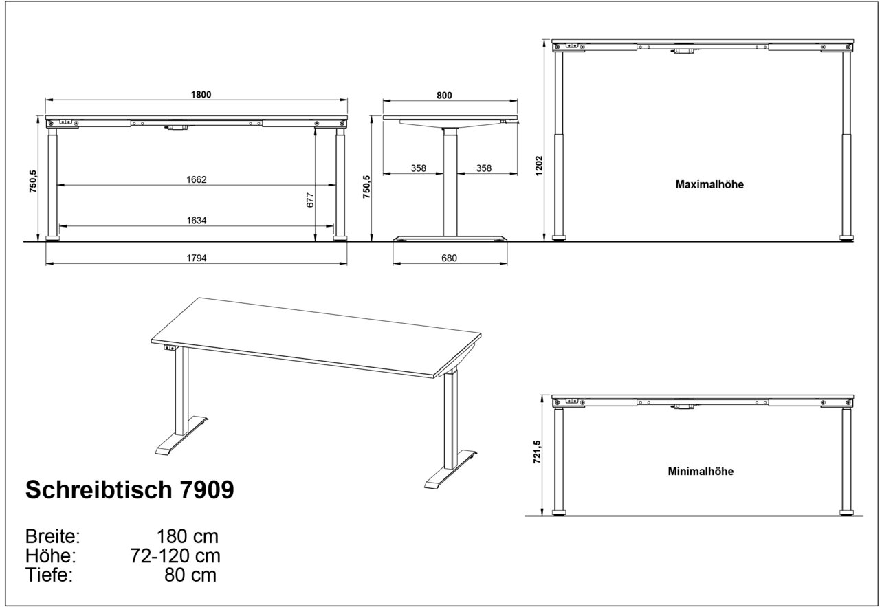 Technische Zeichnung eines höhenverstellbaren Schreibtisches, Modell 7909, mit einer Breite von 180 cm, einer Tiefe von 80 cm und einer variablen Höhe von 72 bis 120 cm. Die Zeichnung zeigt den Tisch aus verschiedenen Perspektiven: von vorne, von der Seit